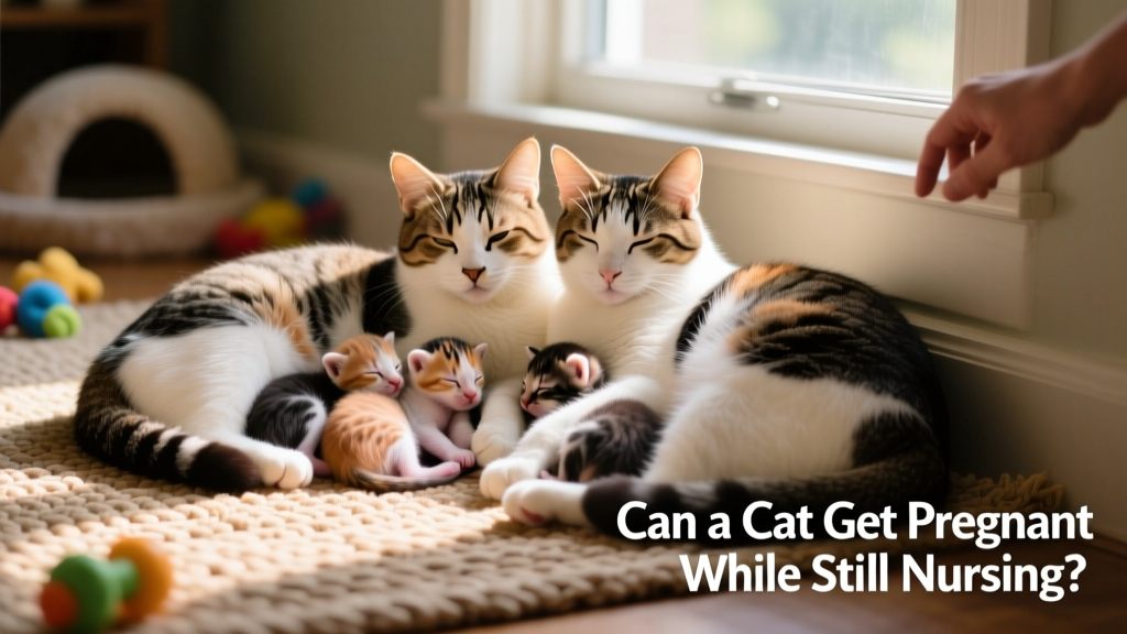 Two mother cats resting side-by-side with mixed litters of kittens nearby