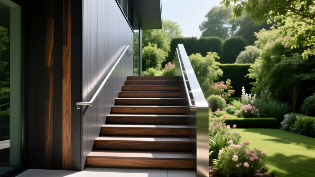 Modern exterior concrete stairs featuring dark composite wood cladding on the risers and brushed metal handrails in a lush garden setting