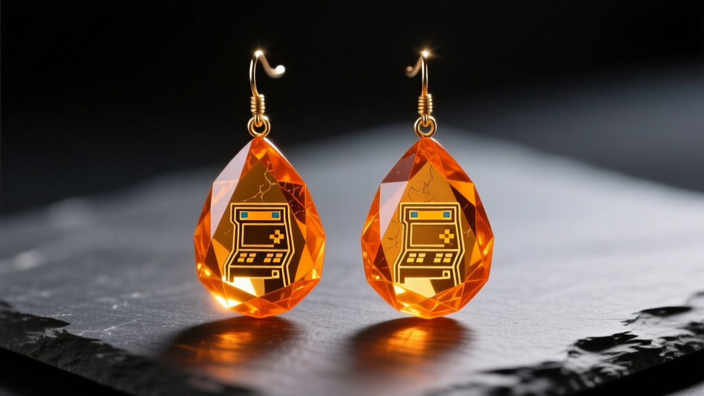 Close-up of faceted orange resin drop earrings resembling video game relics, displayed on dark slate with warm, glowing backlight