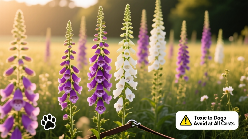 Tall spires of foxglove flowers in purple and white