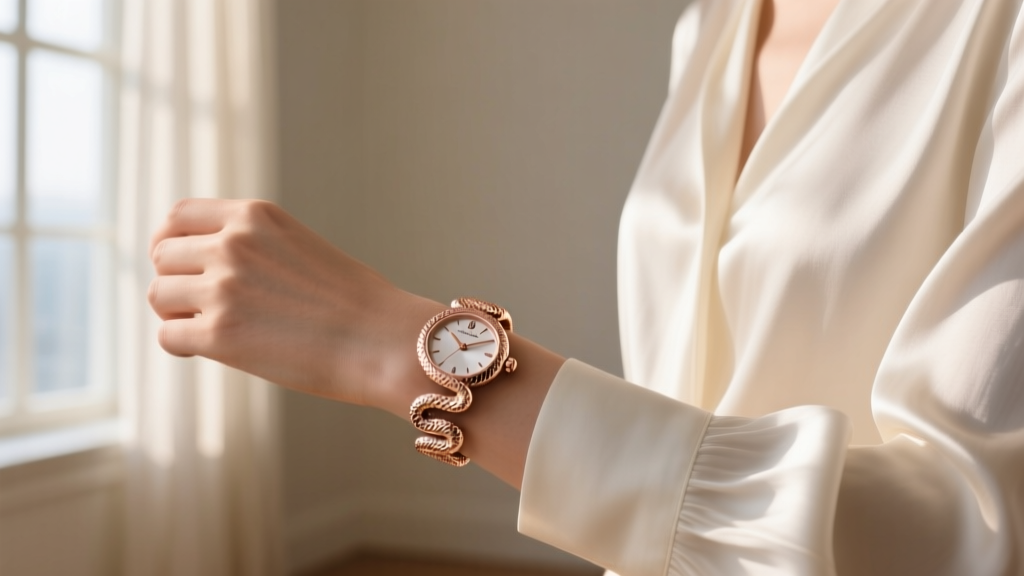 Elegant wrist wearing a rose gold serpent-motif jewelry watch, paired with a silk blouse, captured in soft natural window light.