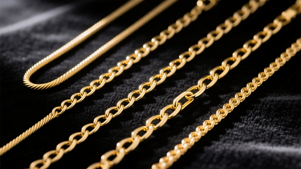 Five distinct gold necklace chains laid parallel on dark velvet, highlighting cable, curb, figaro, box, and rope link textures.