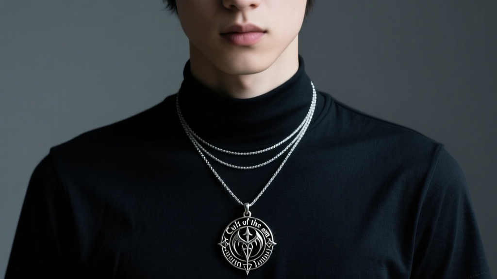 A person wearing a layered Cult of the Lamb pendant on a 1.5mm sterling silver rope chain over a dark gothic t-shirt neckline