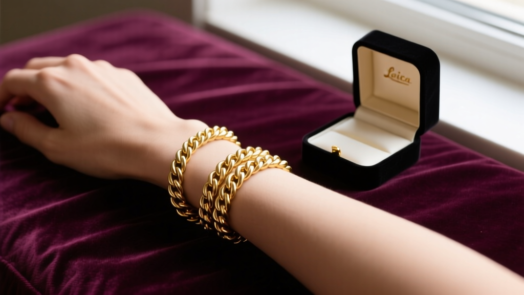 Flat lay of an 18-inch 14k gold rope chain wrapped twice around a wrist beside a velvet box, soft natural lighting