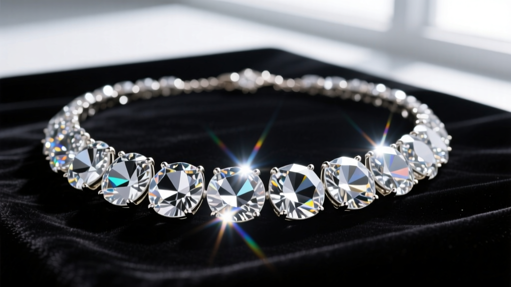 Close-up of a crystal rhinestone necklace on black velvet showing multifaceted cuts and bright light refraction of glass stones.