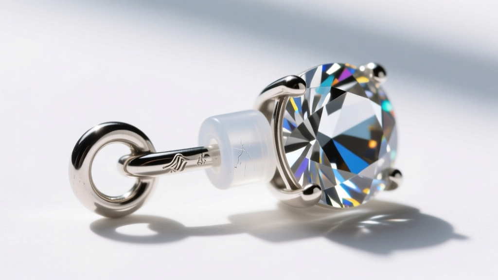 Macro shot of sterling silver locking pin bail converter securing a vintage rhinestone brooch stem with clear silicone insert