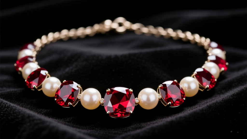 Close-up of a vintage garnet pearl necklace on dark velvet, showing deep red faceted garnets alternating with creamy round pearls.