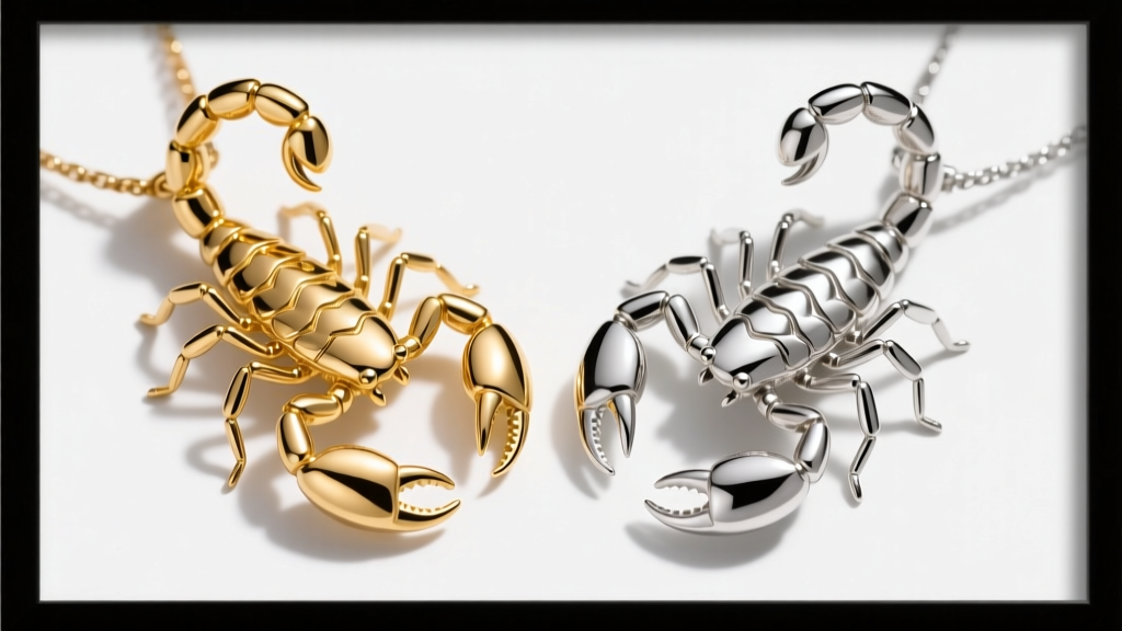 Side-by-side view of an 18k gold and sterling silver Elsa Peretti scorpion pendant, showcasing distinct warm and cool metal tones.
