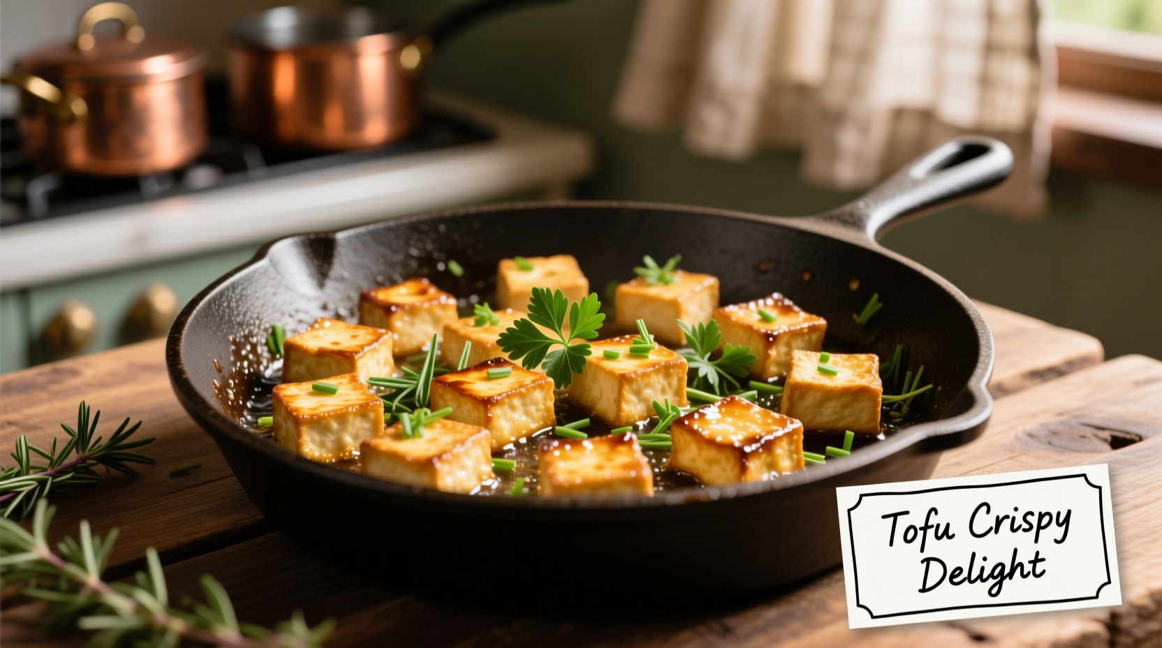 Golden crispy tofu cubes in cast iron skillet with herbs