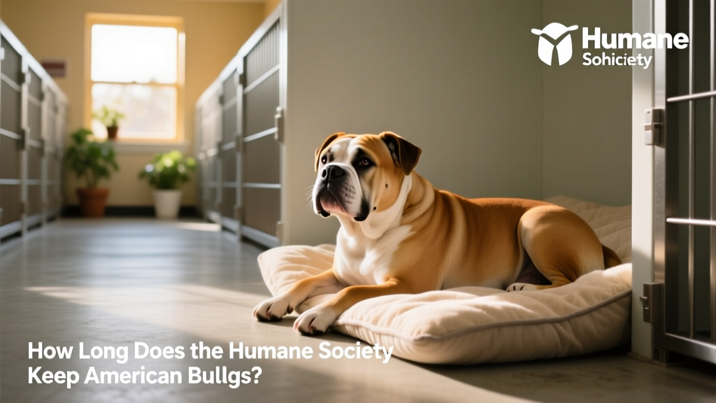 A calm, well-groomed American Bulldog resting in a clean shelter kennel with soft bedding