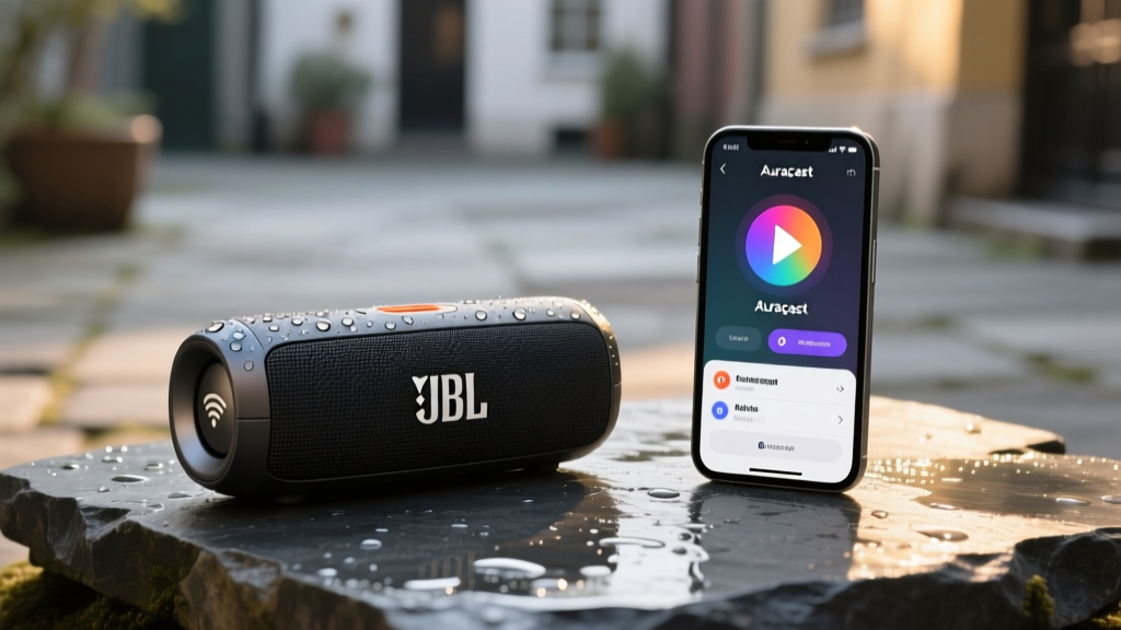Rugged JBL Charge 5 Wi-Fi portable speaker on wet slate next to a smartphone displaying the Auracast broadcast menu interface