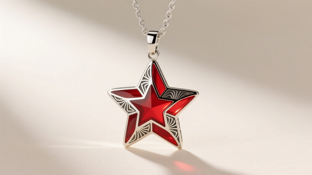 Macro shot of a guilloché enamel star pendant on a silver chain, showing engine-turned patterns beneath translucent red resin.