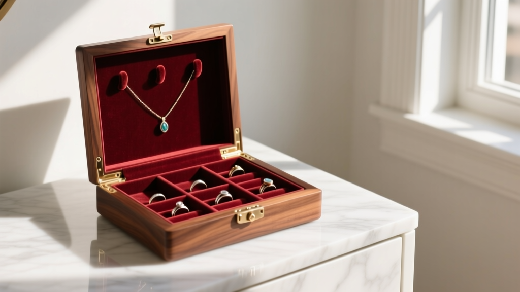 Open walnut photo frame jewelry box showing velvet necklace hooks and ring slots on a bright marble dresser in soft morning light.