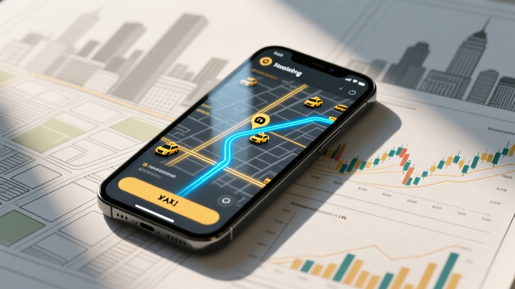 Modern smartphone displaying a taxi booking interface with a live map route, resting on a blueprint of city streets and financial charts