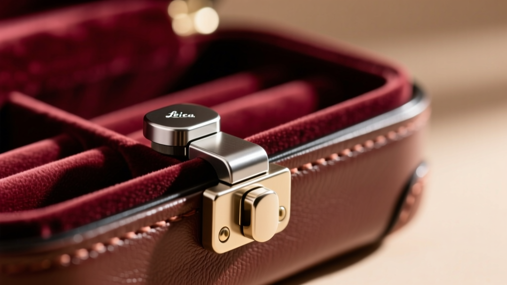 Macro shot of a magnetic catch mechanism inside a velvet-lined leather jewelry travel case, showing the neodymium magnet alignment.