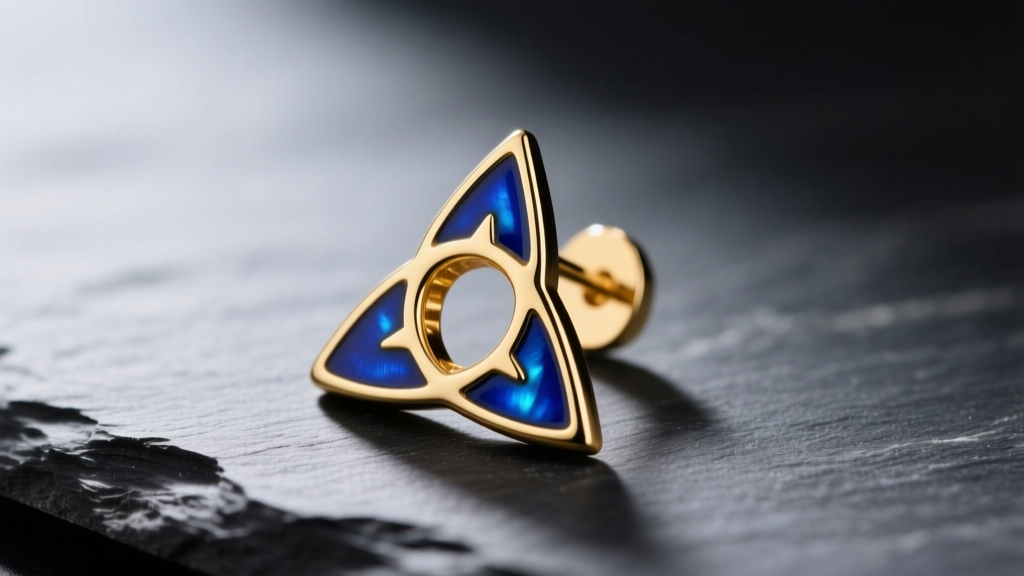 Macro shot of a gold vermeil Triforce earring with deep blue vitreous enamel inlay, resting on dark slate, highly detailed macro