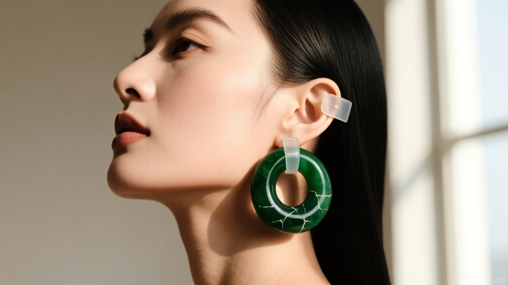 Side profile of a woman wearing a heavy dark green jade donut earring supported by a clear silicone ear lobe stabilizer patch