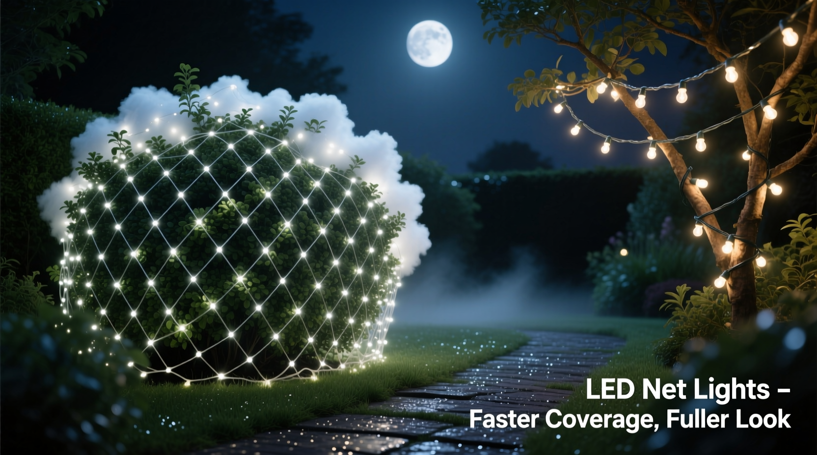 led net lights vs string lights which covers bushes faster and looks fuller
