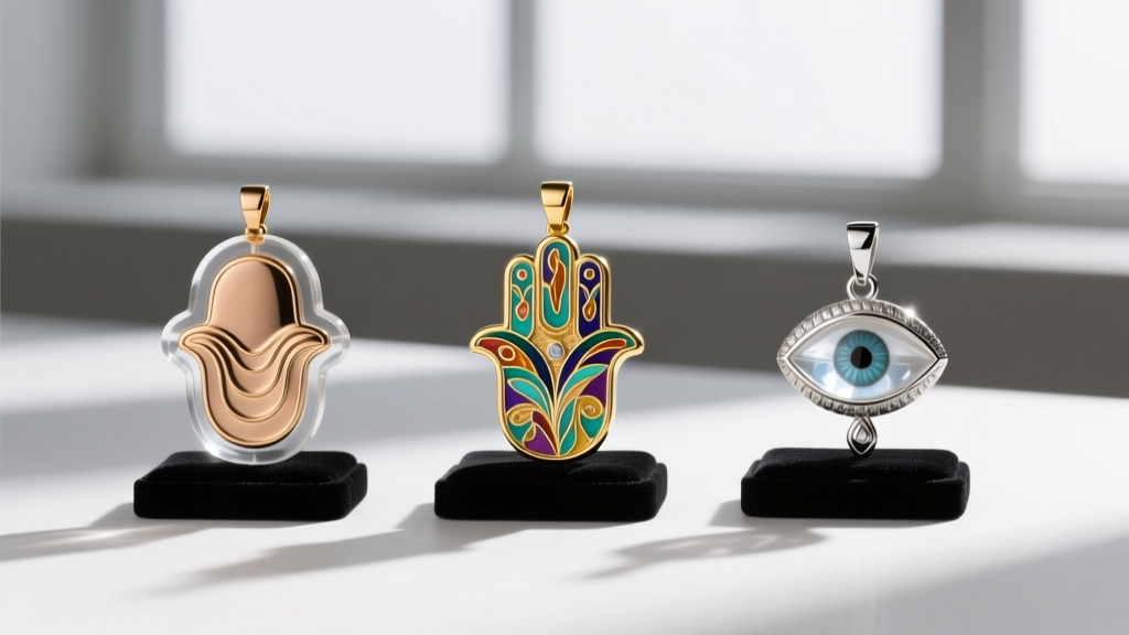 Three hamsa pendants side-by-side: brass with epoxy resin, 14k gold with fired enamel, and sterling silver with glass evil eye.