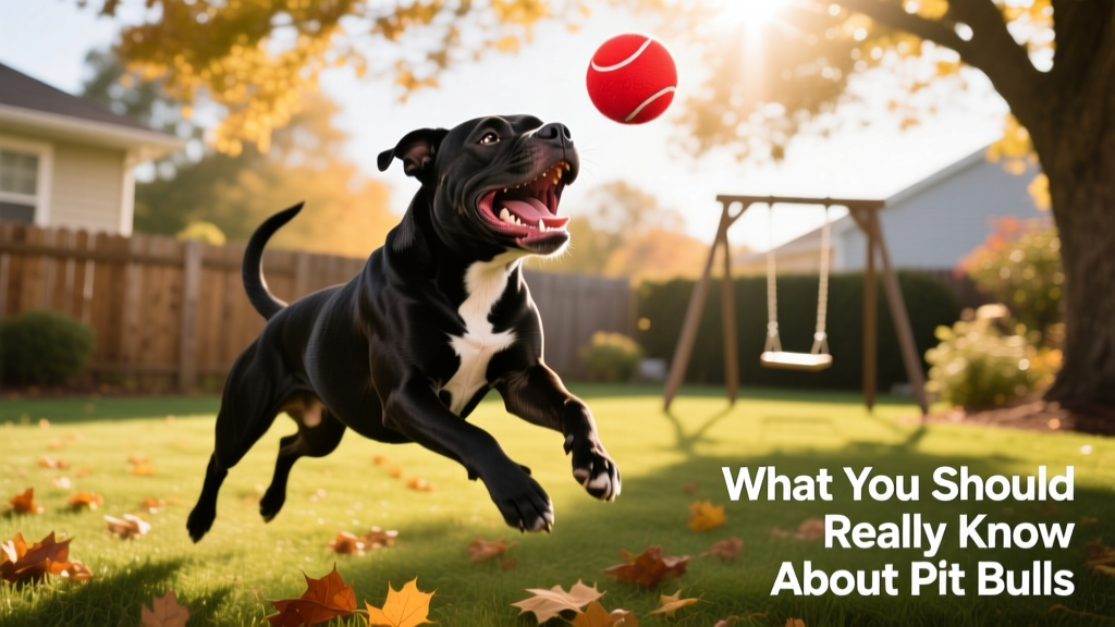 A pit bull mid-play, leaping joyfully to catch a bright red tennis ball in a sunlit backyard