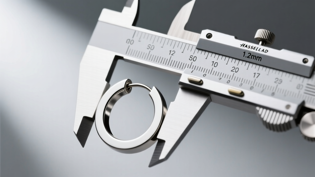 Digital caliper measuring 1.2mm thickness of a laser-cut stainless steel hoop earring derived from a minimalist vector template.