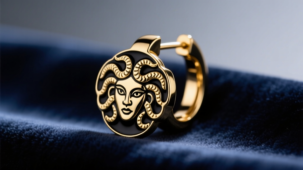 Macro shot of a gold-tone designer hoop earring with black enamel Medusa motif on dark velvet under soft studio lighting
