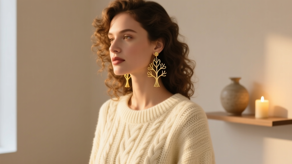 Woman wearing a cream cable knit sweater and delicate gold wire tree earrings, soft warm holiday lighting illuminating her profile