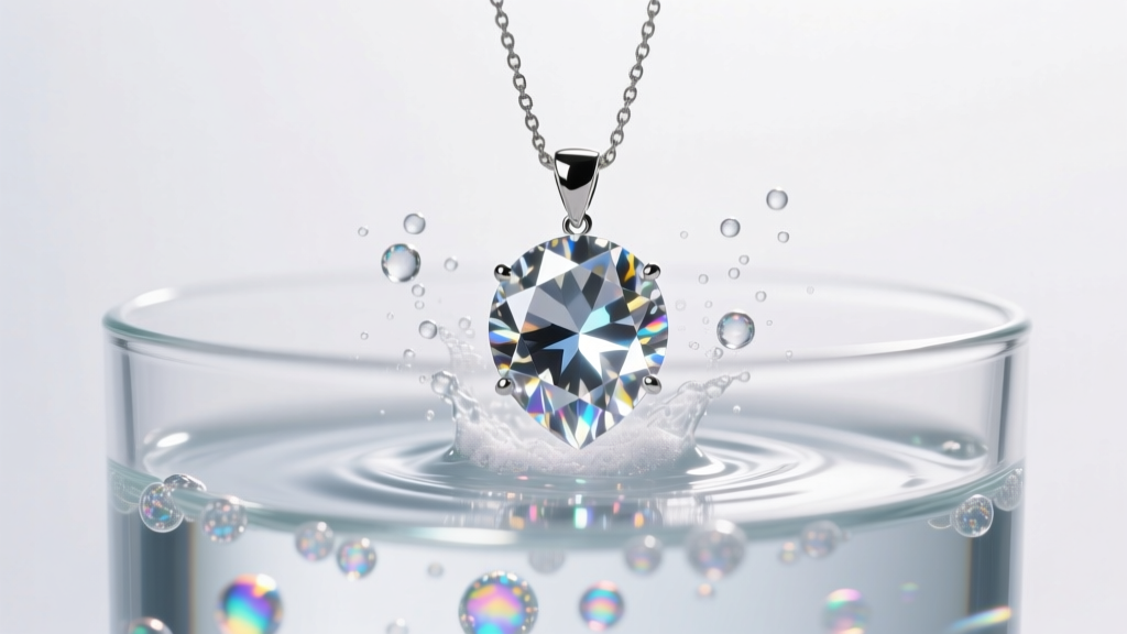 Diamond pendant suspended in an ultrasonic cleaning bath, showing microscopic cavitation bubbles in the clear liquid solution