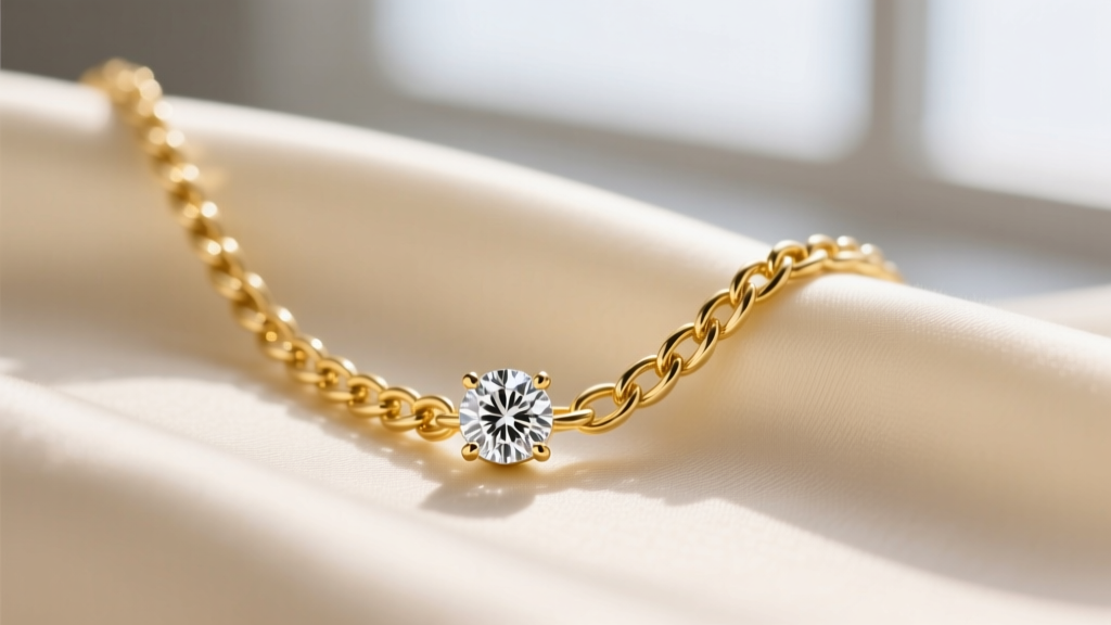 Close-up of a 14k yellow gold cable chain with a 0.25ct round brilliant diamond bezel pendant resting on soft cream silk fabric.