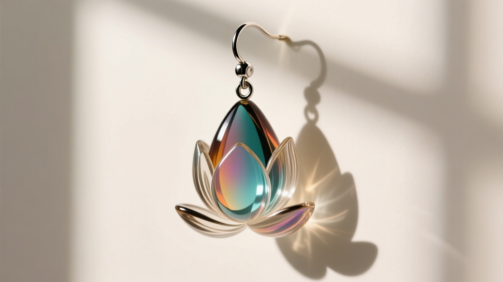 Side profile of a large acrylic lotus drop earring showing the reinforced steel jump ring connection and lightweight dangle design.