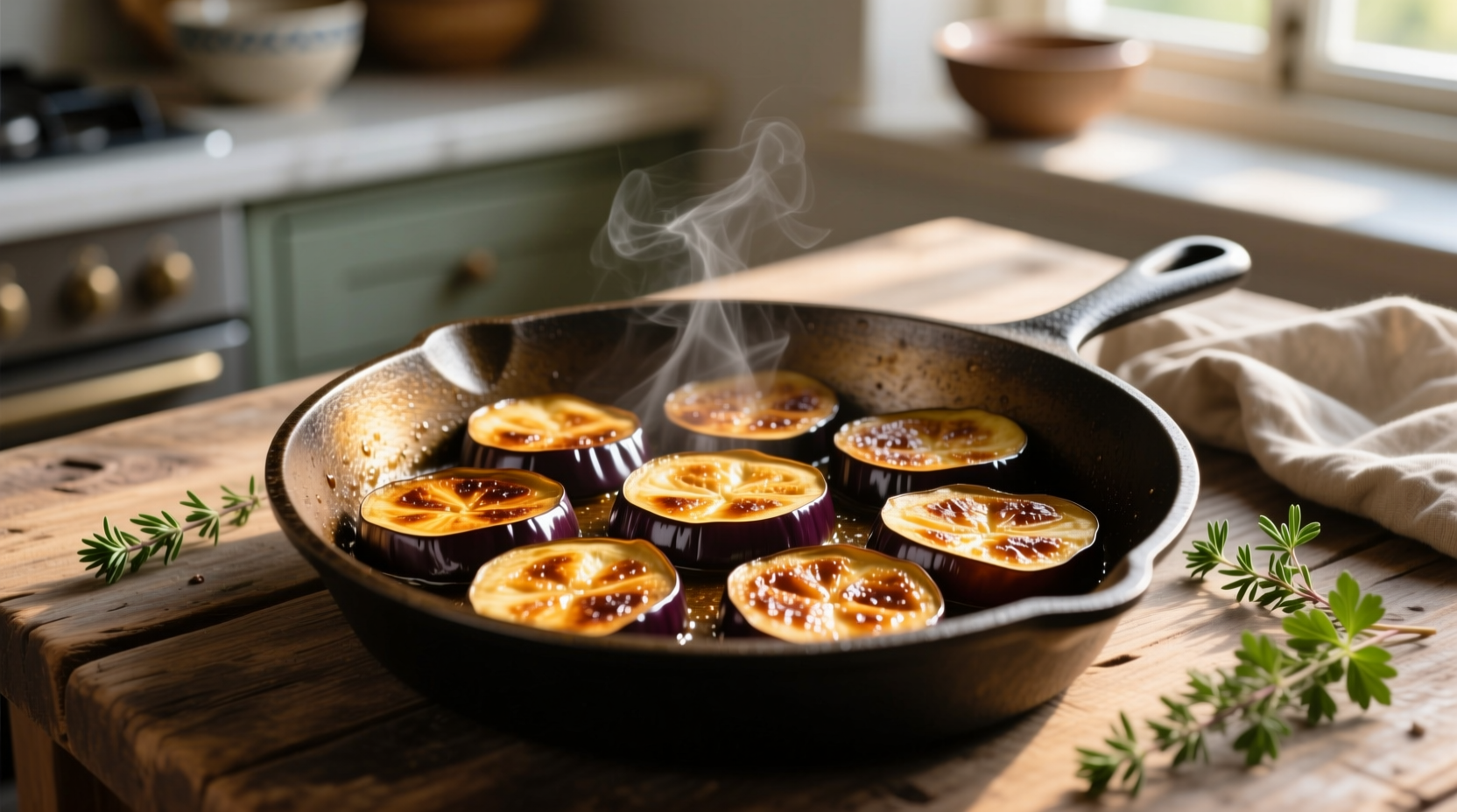 Golden brown eggplant slices in cast iron skillet