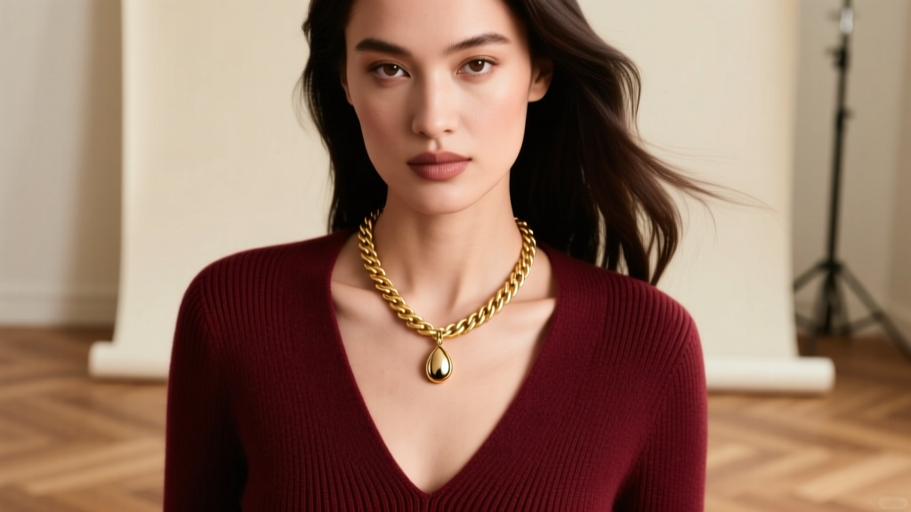 Close-up of a model wearing a deep V-neck cashmere sweater with an 18-inch 14k gold rope chain and a 12mm teardrop pendant.