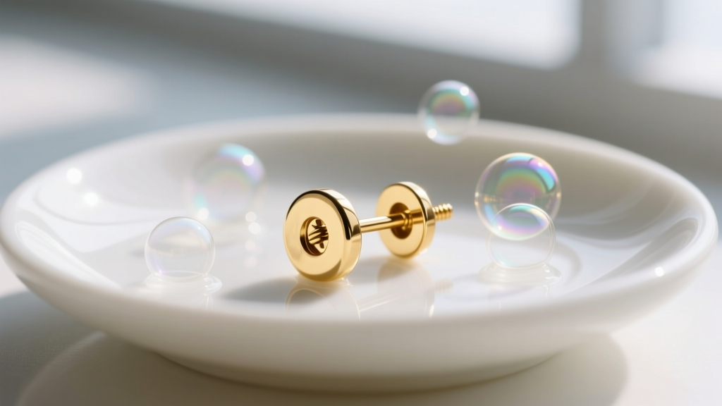 Close-up of a 16g gold earring post and screw-back mechanism on a white ceramic dish, surrounded by mild soapy water bubbles.