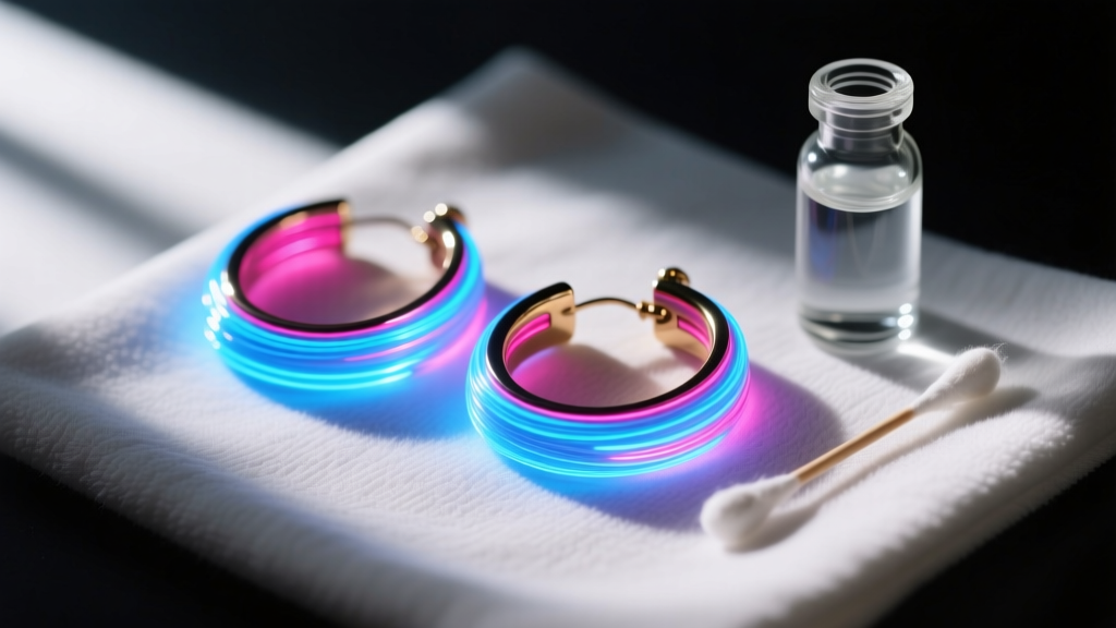 Close-up of glowing fiber-optic LED hoop earrings resting on a microfiber cloth next to isopropyl alcohol and cotton swabs