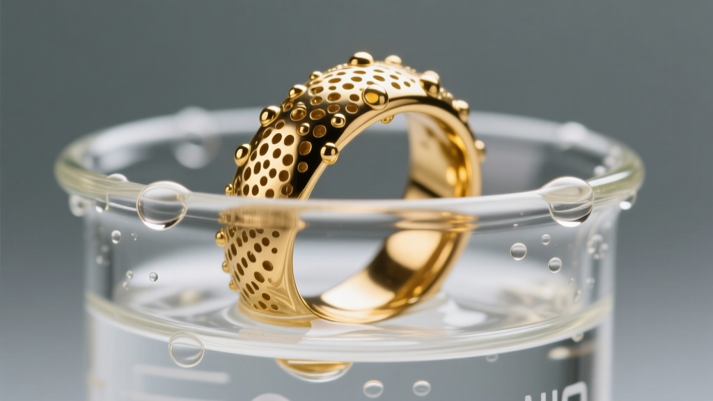 Macro shot of a gold-plated brass ring in a water beaker, showing tiny bubbles on the porous surface under studio lighting