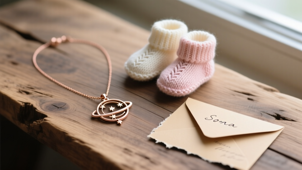 Flat lay of a rose gold Sora celestial pendant necklace next to knitted baby booties and a handwritten greeting card on wood