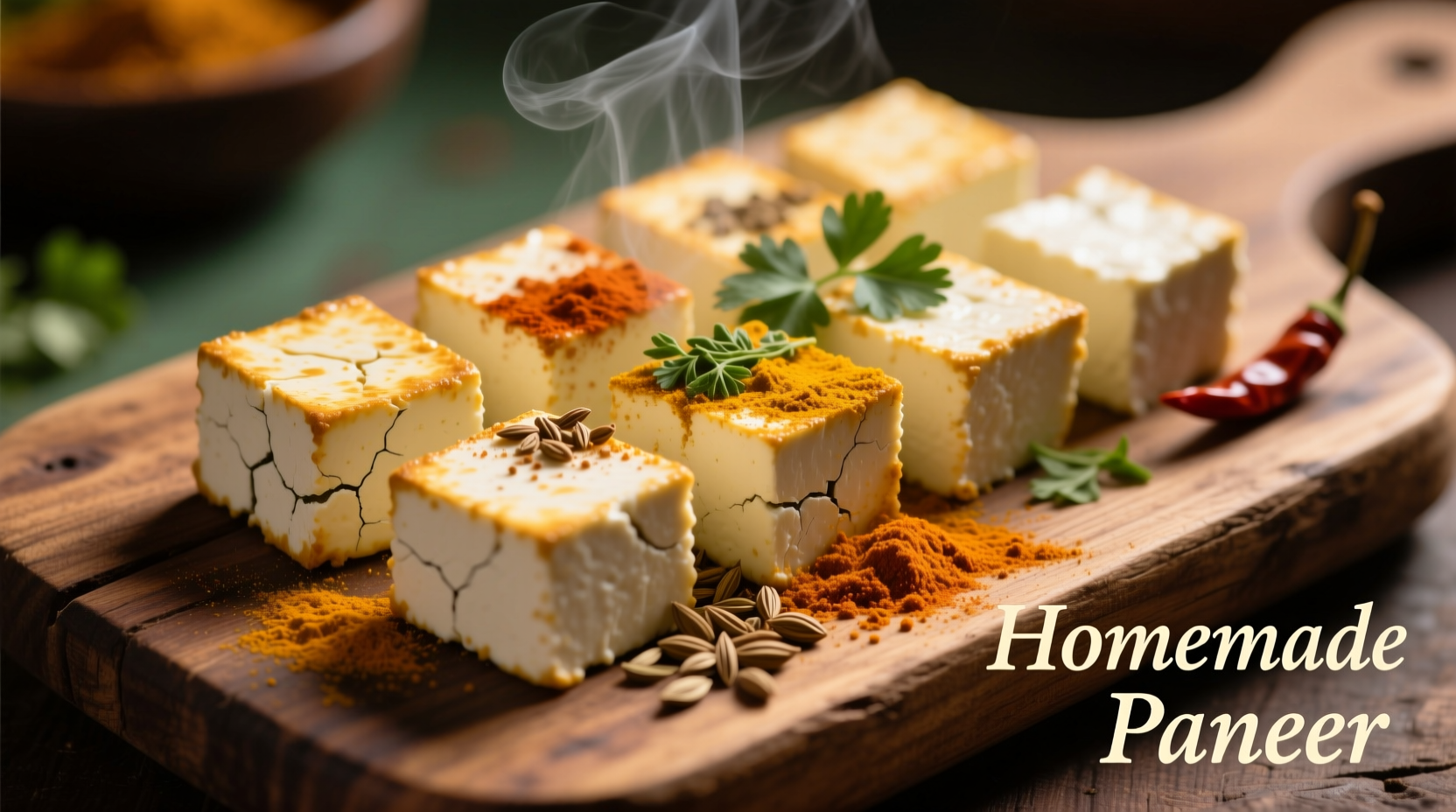 Fresh paneer cubes on wooden board with spices