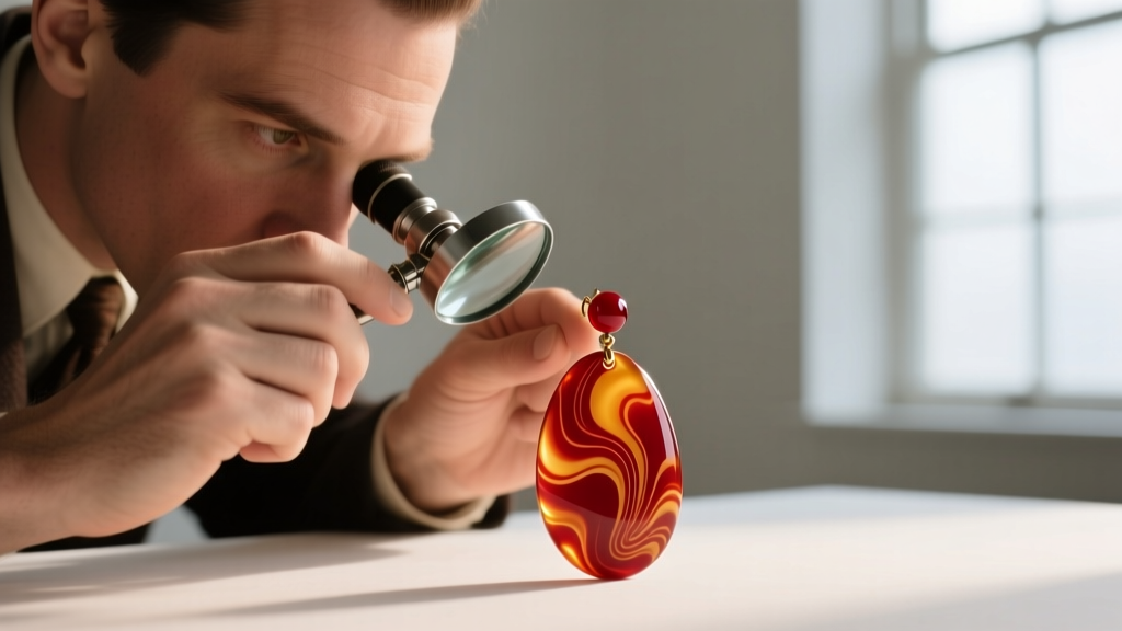 Jeweler examining a carved cherry-red Bakelite 1940s earring under a loupe, revealing the distinct marbling and warm patina.