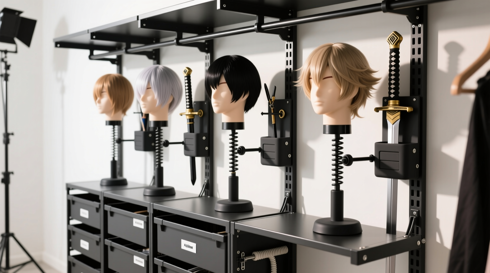 cosplay closet organization for wig stands props