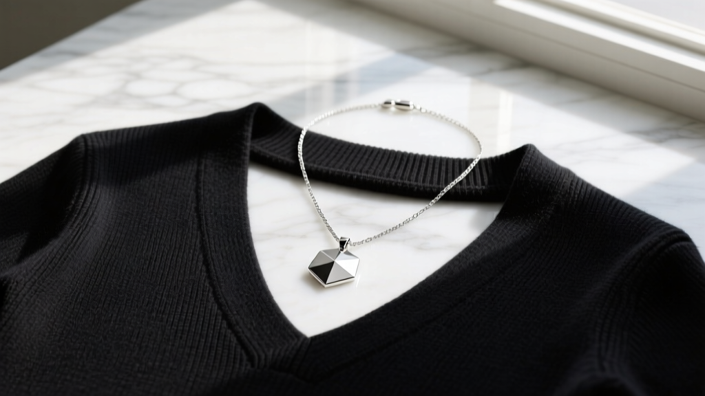 Flat lay styling guide showing a 16-inch silver pendant necklace paired with a deep V-neck cashmere sweater on a marble surface