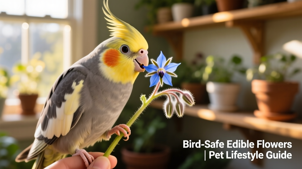 Close-up of a cockatiel gently nibbling a fresh borage blossom from a hand-held stem