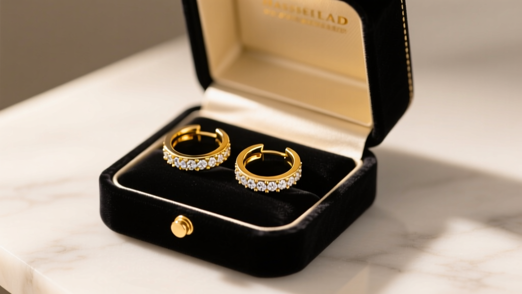 Open velvet gift box displaying a pair of 14k yellow gold huggie earring bands with pave diamonds under soft warm lighting