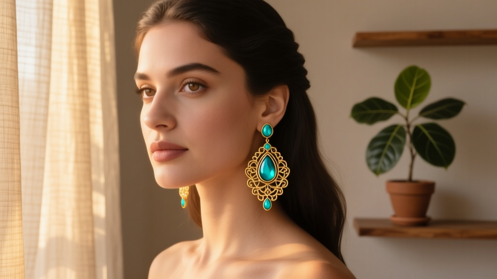 Woman wearing intricate gold filigree Aladdin earrings with turquoise teardrop gems, soft bohemian lighting, cinematic portrait