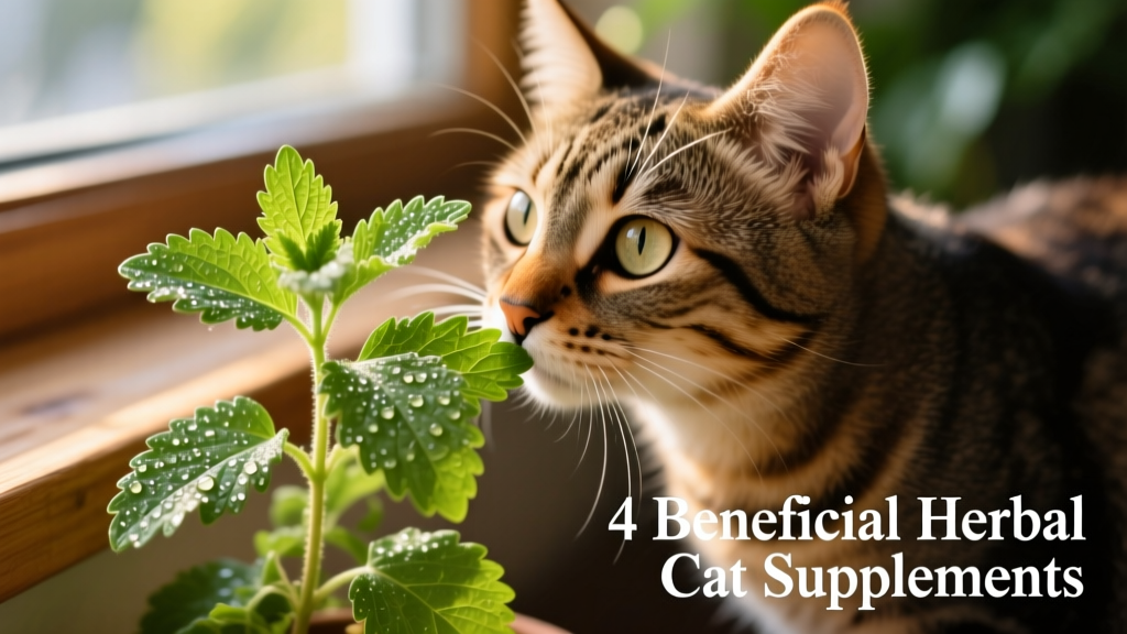 A close-up of fresh catnip leaves with a curious cat gently sniffing nearby