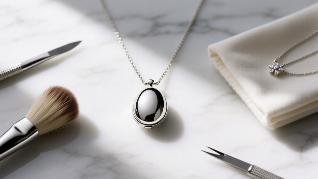 Flat lay of jewelry tools including a horsehair brush and microfiber cloth next to a silver egg locket necklace on white marble