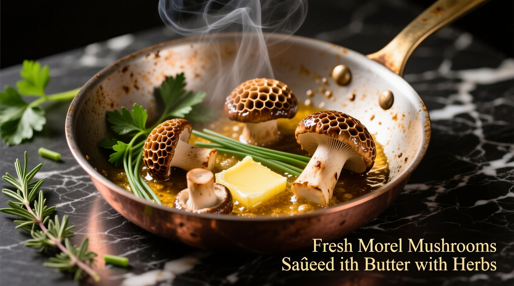 Fresh morel mushrooms sautéing in butter with herbs