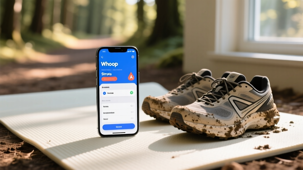 Smartphone displaying the Whoop app Strava integration settings resting on a yoga mat next to muddy trail running shoes