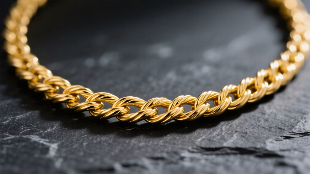 Macro shot of a 14k yellow gold rope chain showing twisted links, highlighting 2mm necklace thickness against dark slate.
