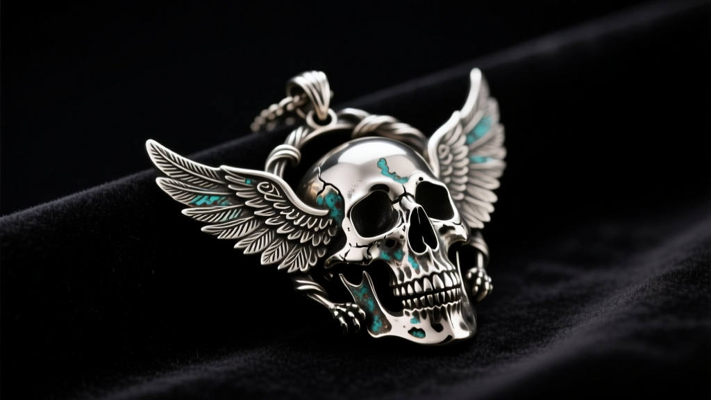 Oxidized silver pendant featuring a gothic skull and raven motif resting on dark velvet under moody, dramatic studio lighting
