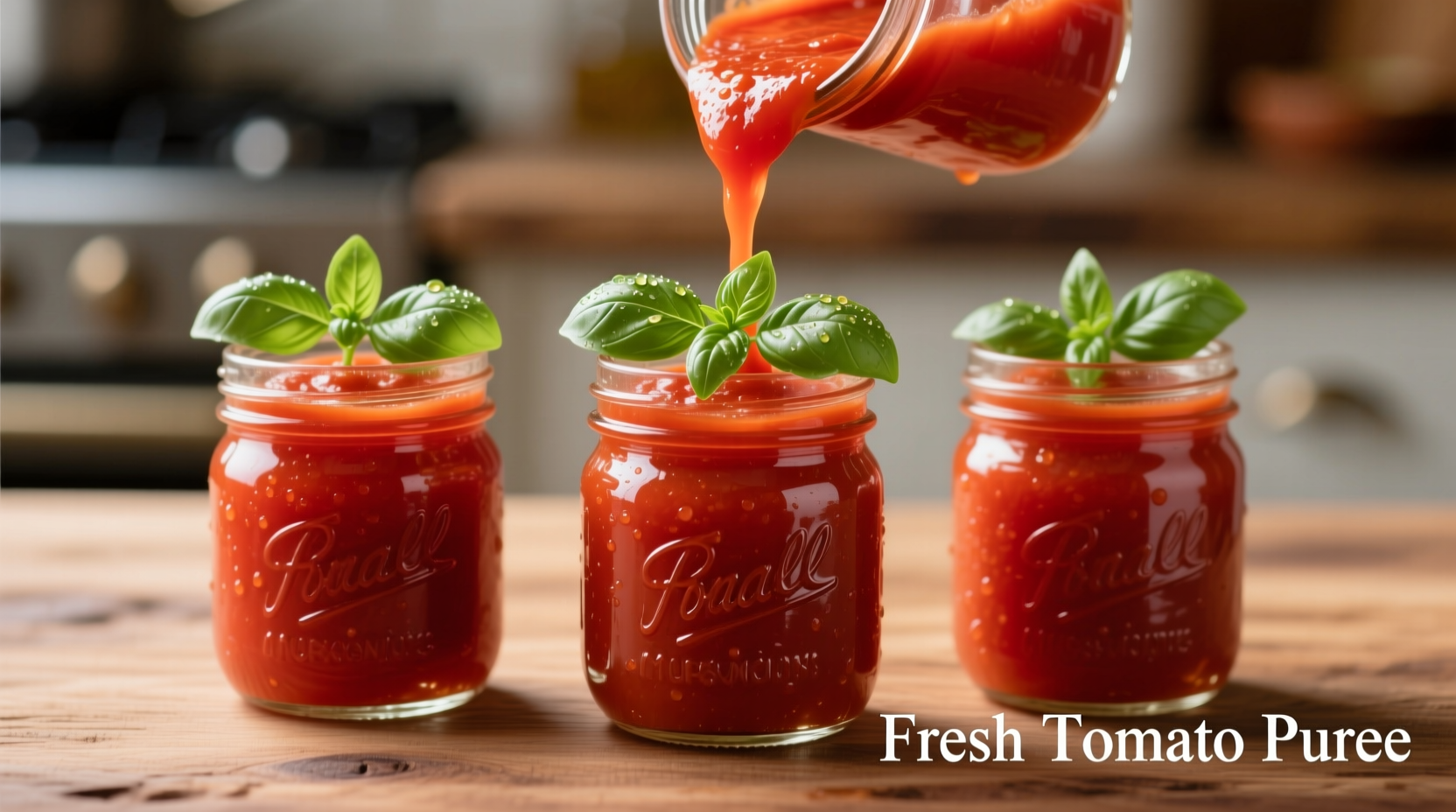 Fresh tomato puree in mason jars with basil garnish